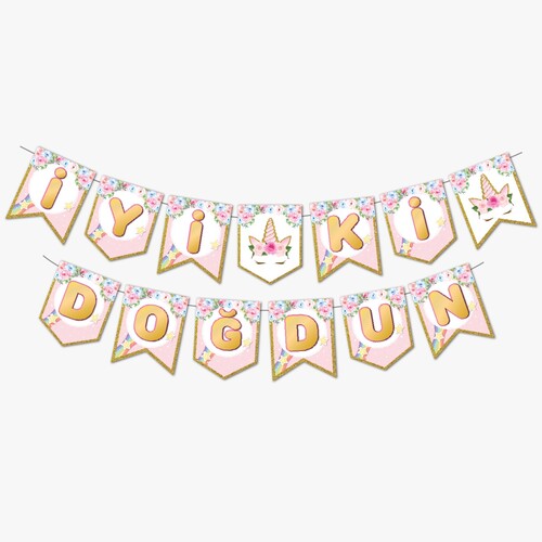 Zikzak Banner Çiçekli Unicorn İyi ki Doğdun
