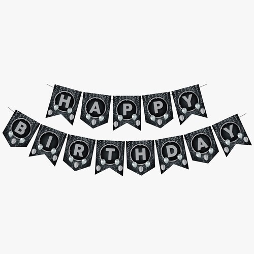 Zikzak Banner Ofset Siyah Silver Happy Birthday